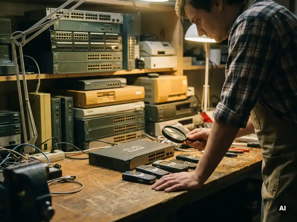 Reseller inspecteert gereviseerde Cisco-router en vintage Nokia-toestellen op houten werkbank, met enterprise-switches op de achtergrond.