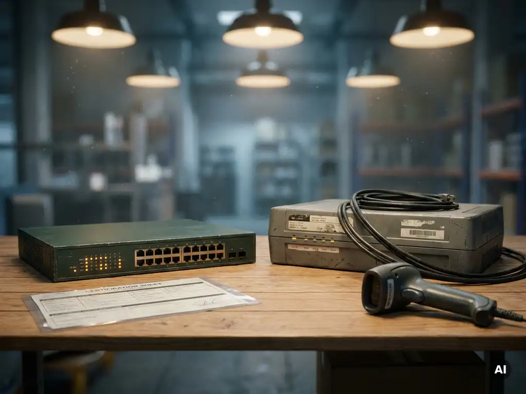 Verouderde enterprise telecomrouter en vintage netwerkswitch uit de jaren 90 op een inspectiетafel, met een gelamineerd certificeringsdocument en barcodescanner.