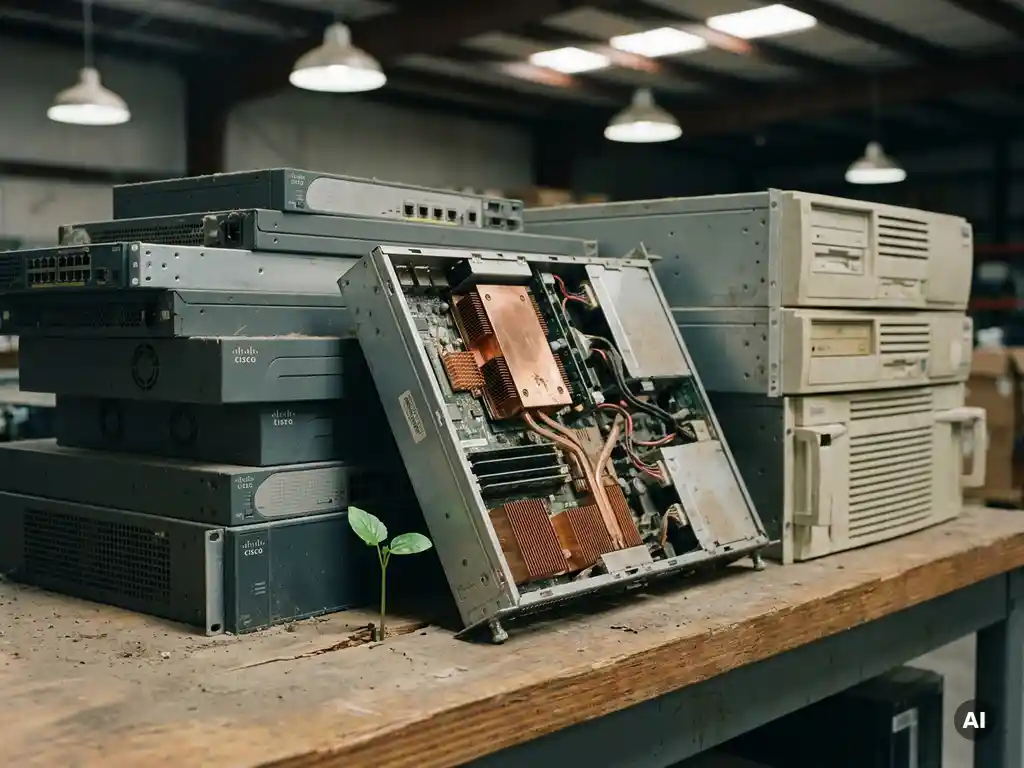 Verouderde Cisco-switches en enterprise servers op een werkbank, gedeeltelijk gedemonteerd met zichtbare koperonderdelen, met een groen plantje ernaast.
