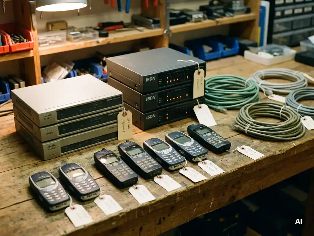Verouderde Cisco-routers, ISDN-switches, Nokia-handsets en patchkabels op een houten werkbank, klaargemaakt voor refurbishment.
