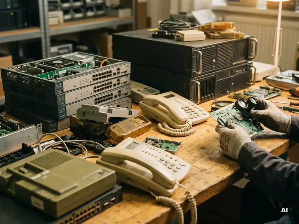 Technicus inspecteert printplaat op houten werkbank met demontagede vintage Cisco-routers, desktelefoons en rack-servers.