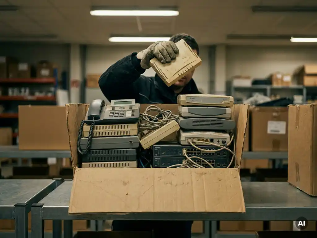 Gehandschoende hand inspecteert vintage ISDN-telefoons en netwerkswitch uit kartonnen doos op sorteertafel in magazijn.