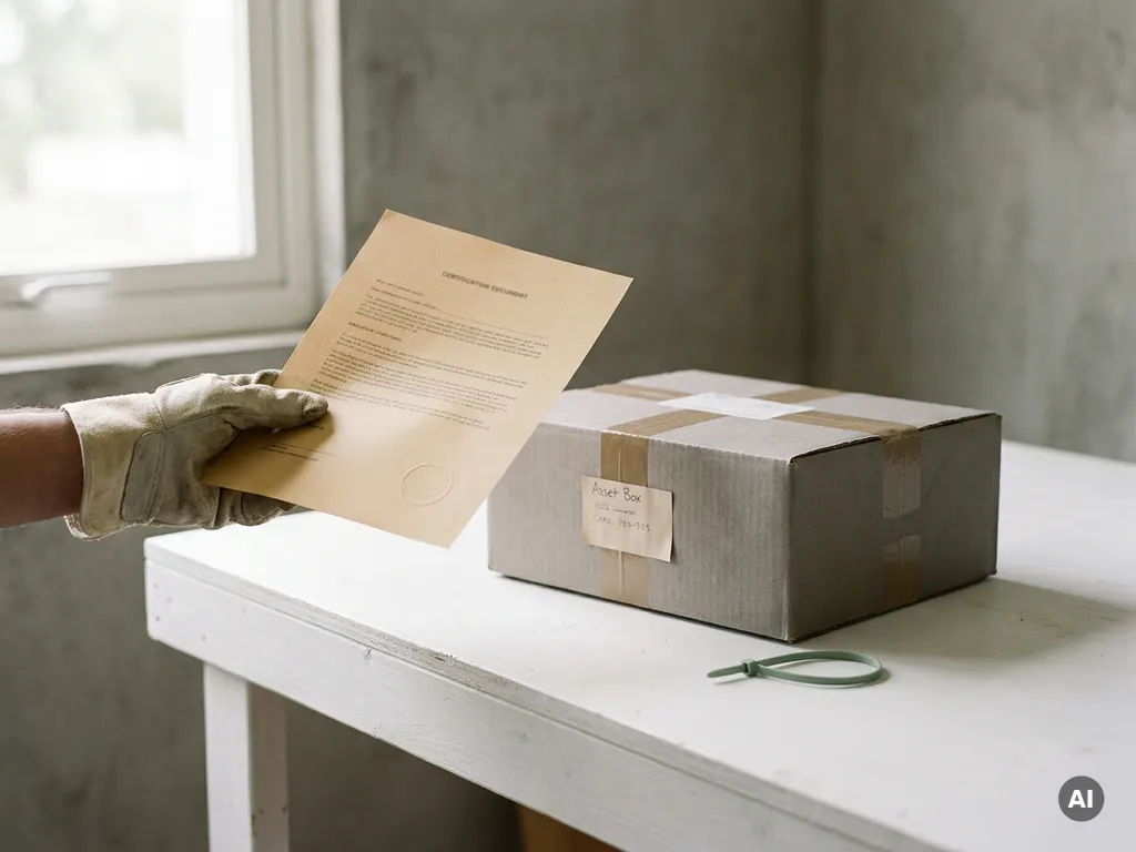 Gehandschoende hand met certificeringsdocument naast verzegelde grijze asset box op werkbank, groene kabelbinder als accent.