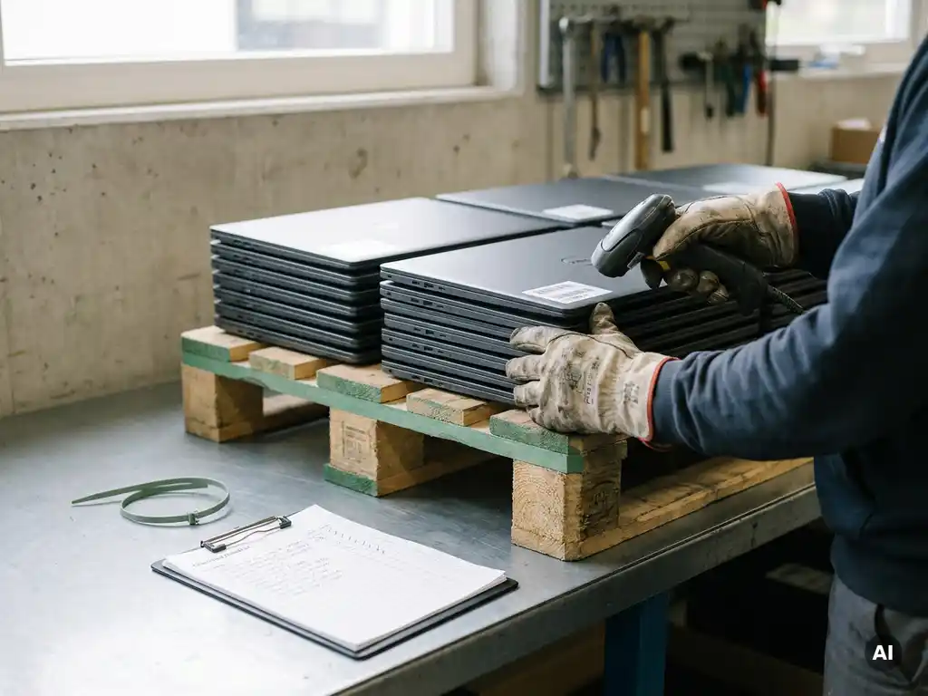 Technicus in handschoenen scant barcodelabel op laptop uit houten pallet, met klembord en checklist op grijze werkbank.