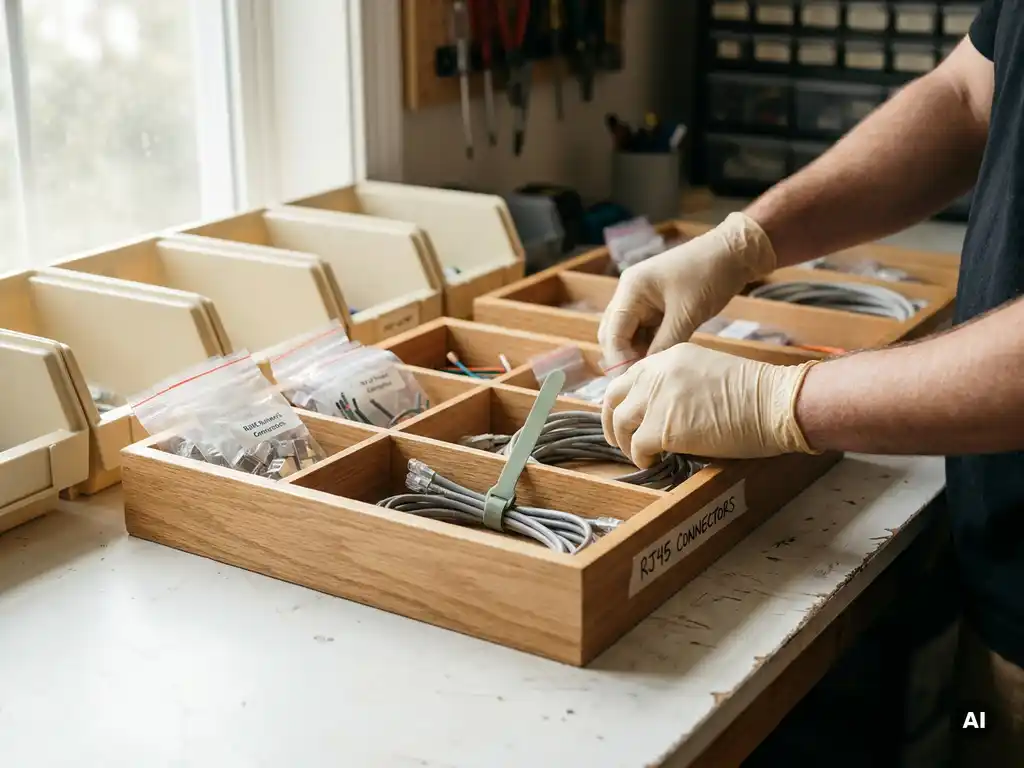 Technicus sorteert kleine netwerkcomponenten en kabelresten in houten bakjes op een witte werkbank.