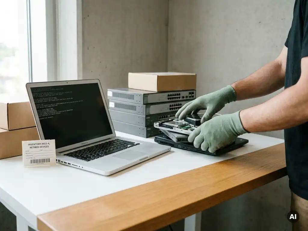 Technicus sorteert afgedankte laptops en switches op werkbank tijdens IT-apparatuur inventarisatie.